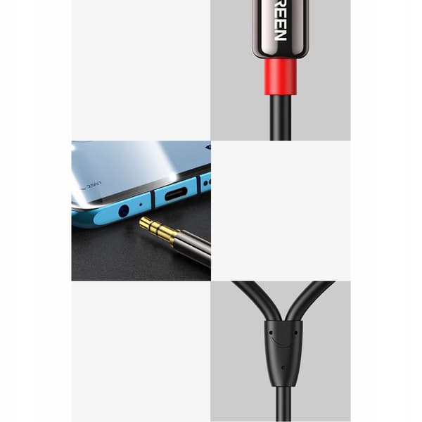 UGRØN KABEL AUDIOKABEL 3,5MM MINI JACK-2RCA 5M LANG HOLDBAR SORT