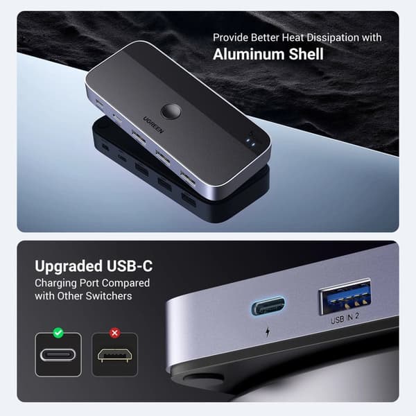 Ugreen CM662 USB 3.0 Switch 2-i-4 Switch + 2x USB-A-kabel - Svart