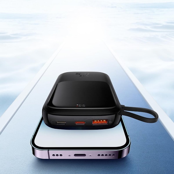 Baseus Qpow Digital Display Powerbank med hurtiglading 10000mAh 22,5W QC/PD/SCP/FCP med innebygd USB-C-kabel Svart