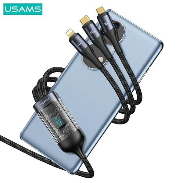 USAMS Flätad kabel U83 3in1 100W 1,2m Digital Display PD Snabbladdning (blixt/microUSB/USB-C) SJ600USB01 (US-SJ600)