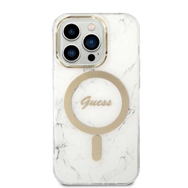 Guess sett MagSafe lader + deksel til iPhone 14 Pro 6.1 hvit marmor (GUBPP14LHMEACSH)