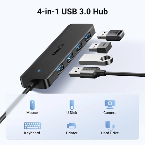 UGREEN CM219 HUB MED 4 USB-A 3.0-PORTE OG USB-A 3.0-KABEL - SORT