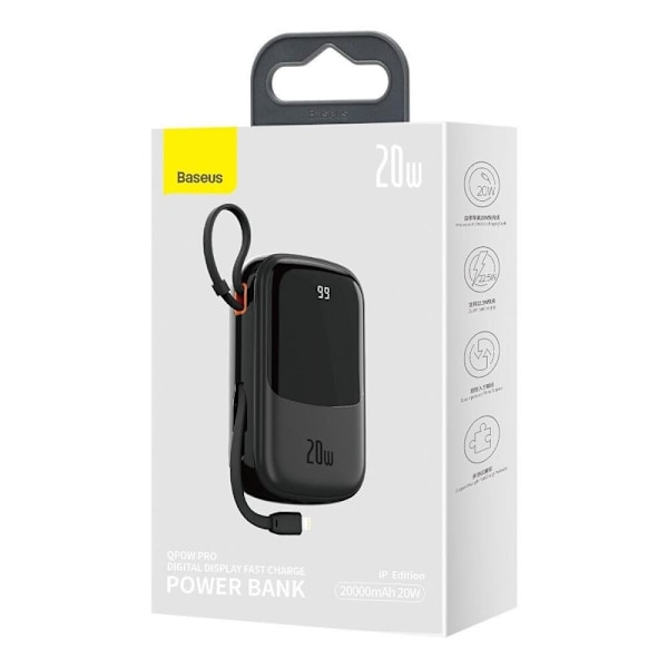 Baseus Qpow Digital Display Powerbank med hurtiglading 20000mAh 20W QC/PD/SCP/FCP med innebygd Lightning-kabel Svart