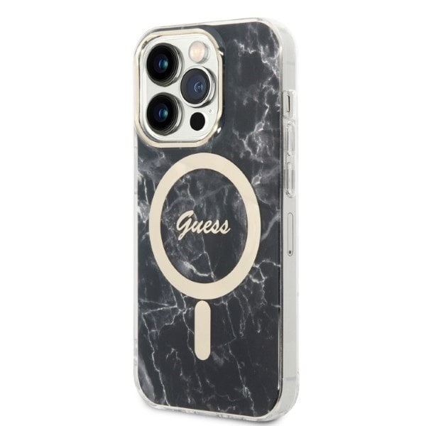 Guess sett MagSafe lader + etui iPhone 14 Pro 6.1 svart marmor (GUBPP14LHMEACSK)