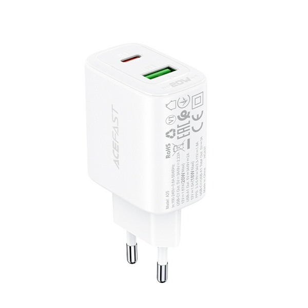 ACEFAST HURTIG NETVÆRKSLADER USBC/USB 20W PPS PD QC3.0 AFC FCP HVID