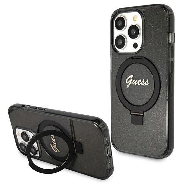 Guess Ring Stand Script Glitter MagSafe-deksel til iPhone 14 Pro Max - Svart