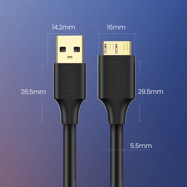 Ugrønn kabel USB-A 3.0 - Micro USB-B SuperSpeed​​​​​​5Gb/s 1m svart (US130)