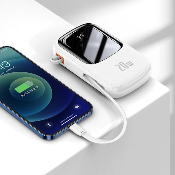 Baseus Qpow Digital Display strømbank med hurtiglading 20000mAh 20W QC/PD/SCP/FCP med innebygd Lightning-kabel hvit