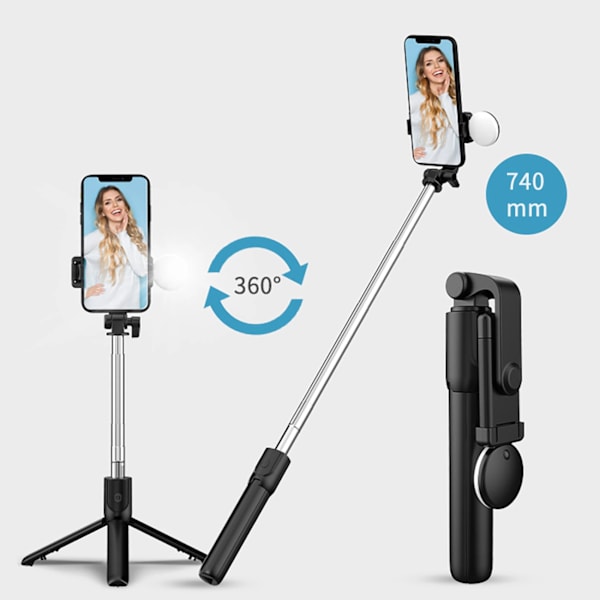 SELFIE STICK WR1YXS TELESKOPSTATIV 0,71M MED RUND LAMPE - SORT