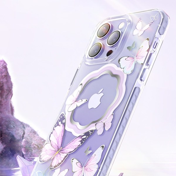 Kingxbar Butterfly Series magnetisk deksel iPhone 14 Plus MagSafe-deksel med sommerfugler i rosa