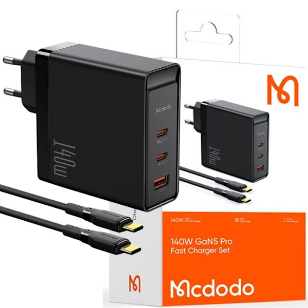 USB-C-laddare, GaN, 140W + USB-C-kabel 240W, 2M, McDodo