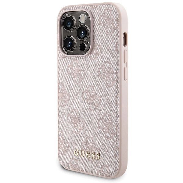 Guess 4G Metal Logo-dekselsett for iPhone 15 Pro + 5000mAh MagSafe powerbank - rosa