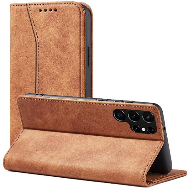 Magnet Fancy Case Case for Samsung Galaxy S22 Ultra Card Lommebokbeskyttelse? brunt stativ
