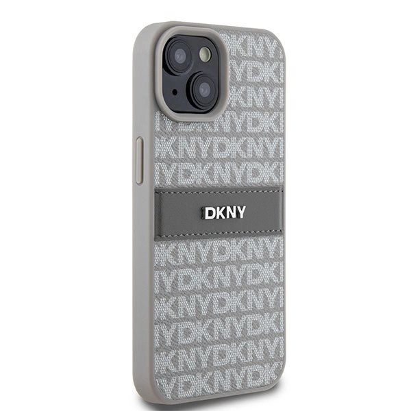 DKNY Leather Mono Stripe & Metal Logo Deksel for iPhone 15 Plus / 14 Plus - beige
