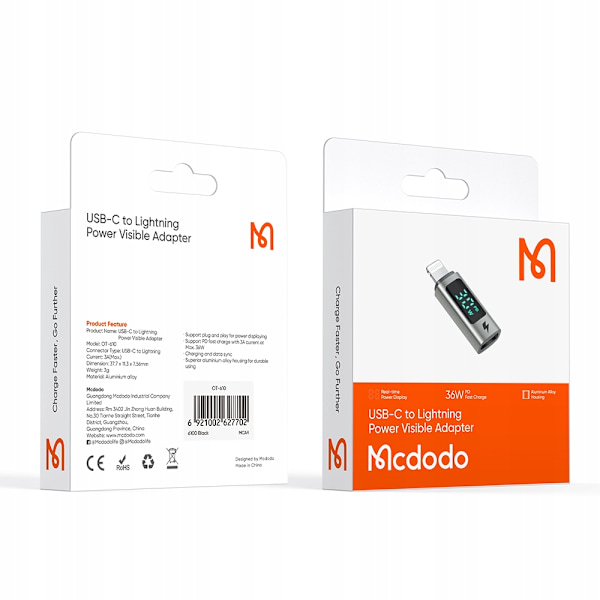 MCDODO ADAPTER USB-C USB TYP C TILL LIGHTNING IPHONE 36W METER