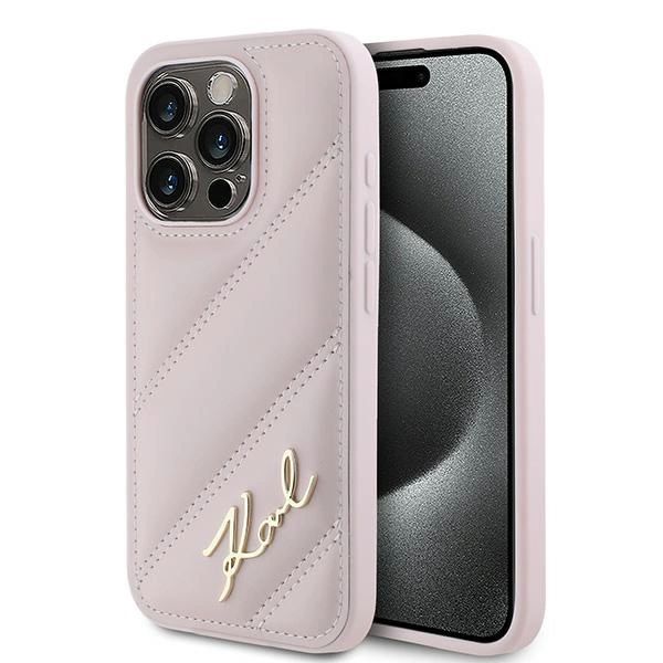 KARL LAGERFELD DIAGONAL QUILTED SCRIPT COVER TIL IPHONE 15 PRO MAX - PINK