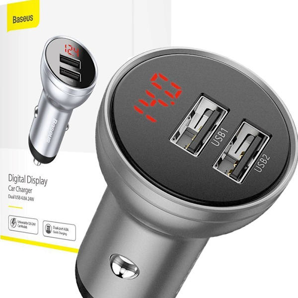 Baseus billader 2x USB 4.8A 24W LCD med sølv (CCBX-0S) Silver