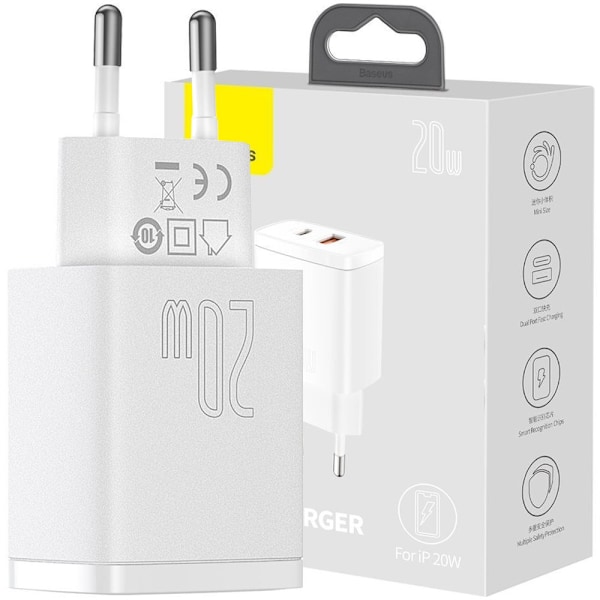 Baseus Kompakt rask USB / USB Type C-lader 20W 3A Strømforsyning Quick Charge 3.0 hvit (CCXJ-B02) Vit