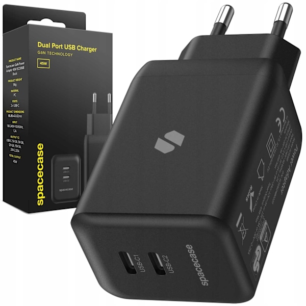 Rymdfall Usb Laddare 45W Piston För Telefon Typ C Sc006B Svart