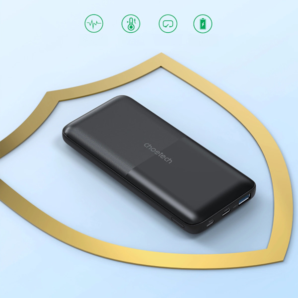 CHOETECH B654 10000MAH 22,5W USB-A / USB-C / MICRO USB POWERBANK MED INDBYGGET USB-C / LIGHTNING-KABEL - SORT