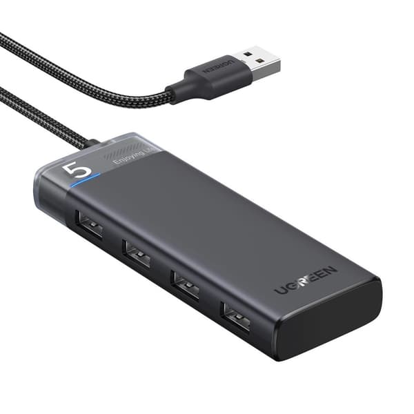 UGRØN MULTIFUNKTIONEL HUB MED 4 USB-PORTE OG USB STRØMKABEL SORT