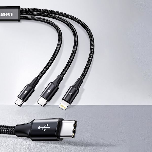 Baseus Rapid 3-i-1-kabel USB Type C - USB Type C / Lightning / micro USB 20 W 1,5 m grønn (CAMLT-SC06)
