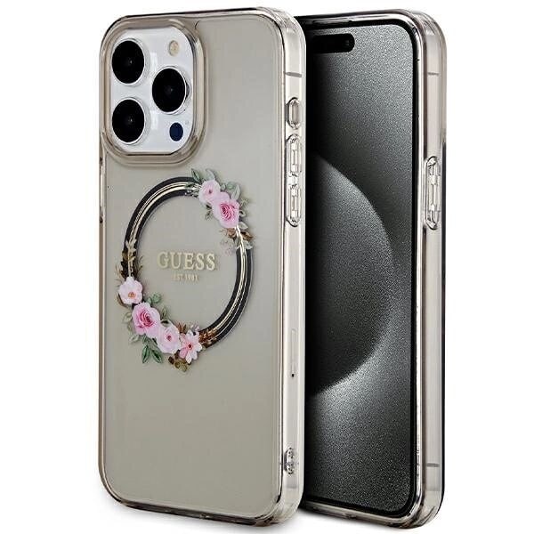 Guess IML Flowers Wreath MagSafe Beskyttelsesveske til iPhone 15 Pro Max - Svart