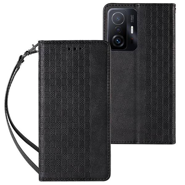 Magnet Strap Case Case for Xiaomi Redmi Note 11 Lommebokbeskyttelse + Mini lanyard anheng svart