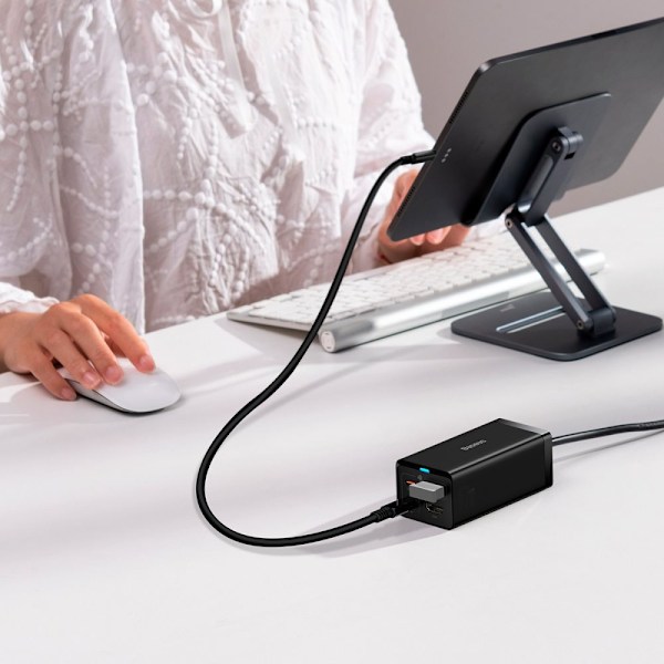 Baseus rask GaN5 Pro HUB HDMI-lader 2 x USB-C / USB-A / HDMI 4K 30Hz 1,5m svart + USB-C - USB-C 100W 40Gb/s (USB4) kabel 1m (CCGP110201)