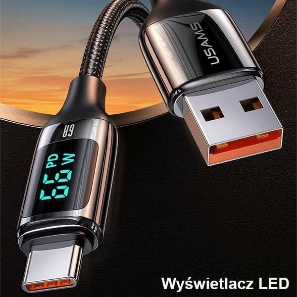 USAMS Flätad kabel U78 USB-C 1,2m LED 6A Snabbladdning svart/svart SJ544USB01 (US-SJ544)