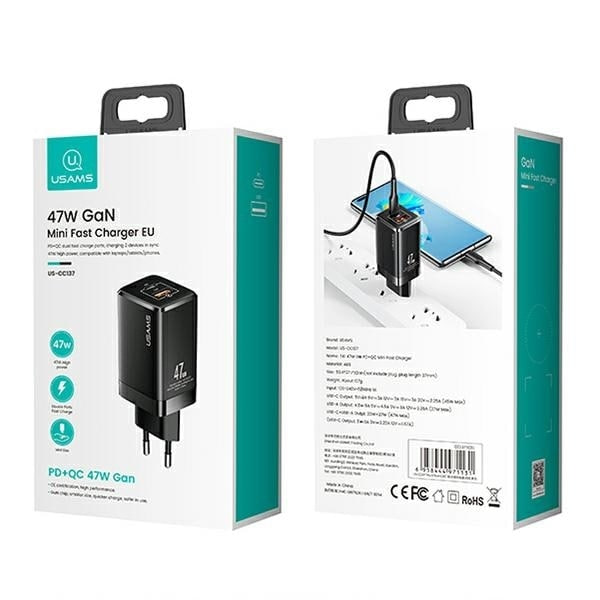 USAMS Lad. nätverk. T41 USB-C+USB GaN 47W PD+QC (endast huvud) Snabbladdning svart/svart CC137TC01 (US-CC137)