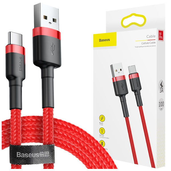 Baseus Cafule-kabel slitesterk nylonkabel USB / USB-C QC3.0 3A 1M rød (CATKLF-B09)