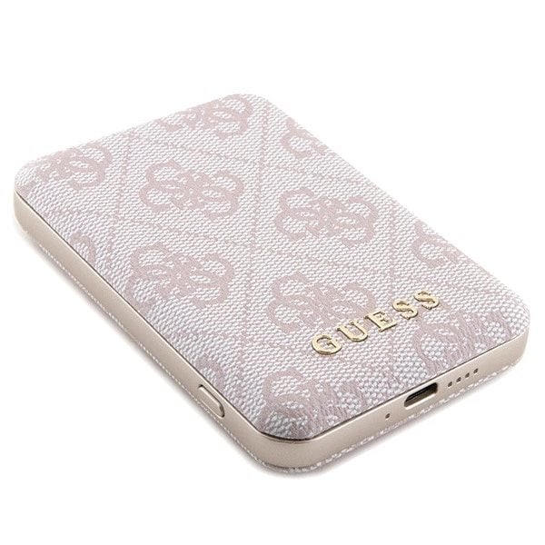 Guess 4G Metal Logo-dekselsett for iPhone 15 Pro + 5000mAh MagSafe powerbank - rosa