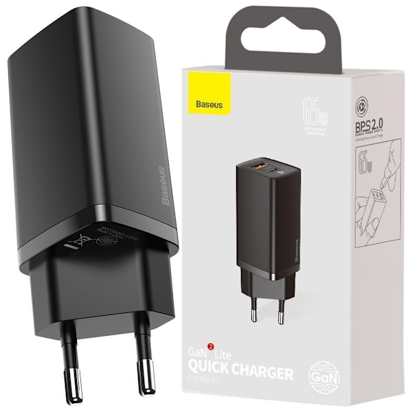 Baseus GaN2 Lite hurtiglader 65 W USB / USB Type C Quick Charge 3.0 Strømforsyning (galliumnitrid) svart (CCGAN2L-B01) Svart