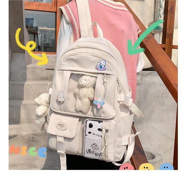 Student School Bag Pass Shoulder Bag, Backpack-White