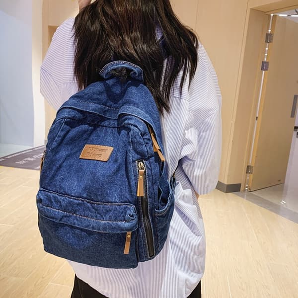 High School Student Backpack with Large Capacity Denim Trendy Matching Backpack for Travel BLUE-1
