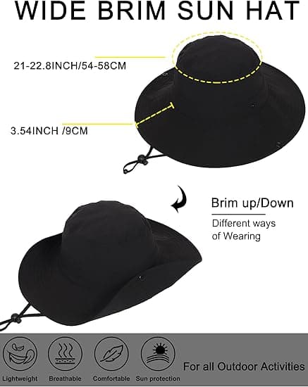 UPF 50+ Svart Vattentät Solid Packbar Bred Brätte Strandhinkhatt (Unisex)