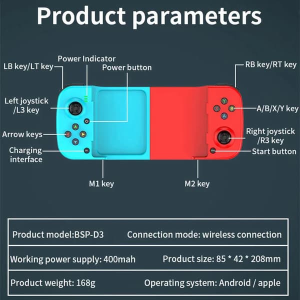 Trådlös BT 5.0 Sträckbar Spel Kontrollkontroll För Mobil Telefon Android IOS Gamepad