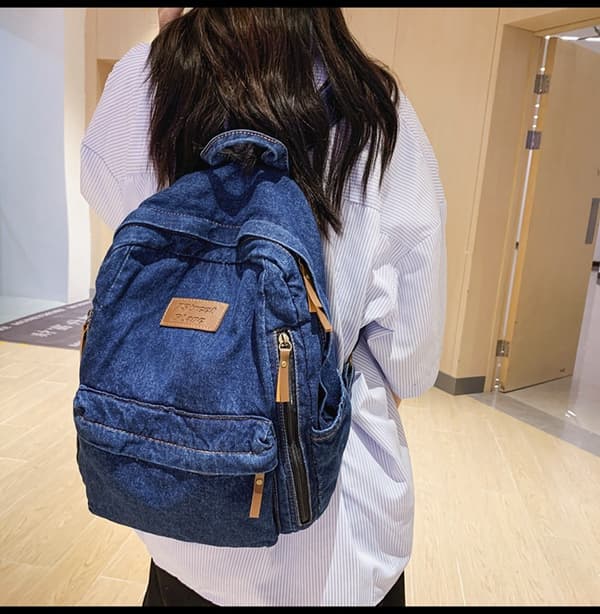 High School Student Backpack with Large Capacity Denim Trendy Matching Backpack for Travel BLUE-1