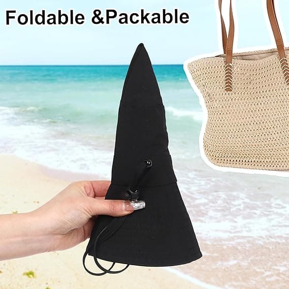 UPF 50+ Svart Vattentät Solid Packbar Bred Brätte Strandhinkhatt (Unisex)