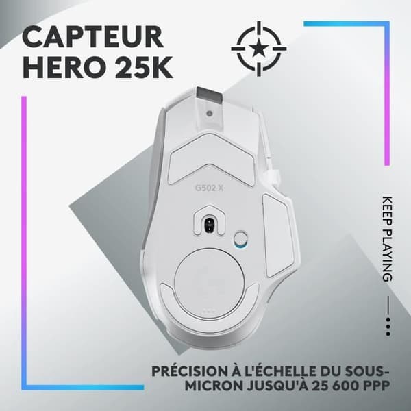Logitech - G502 X Plus Lightspeed Mouse Gaming RVB Wireless - LightFor Hybrid -knappar, Gaming Hero 25K - White Sensor Vit 106