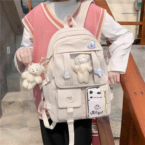 Student School Bag Pass Shoulder Bag, Backpack-White