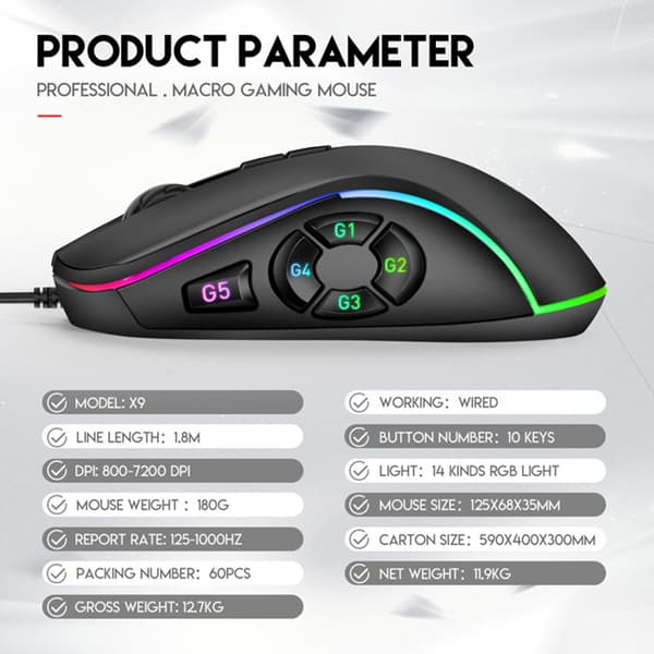Högprecisions Gamingmus 10 Programmerbara Knappar 6400DPI Ergonomisk Design