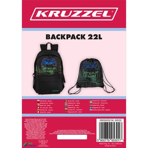 Gaming Backpack 22L with Laptop Compartment + Shoe Bag, Black Pattern