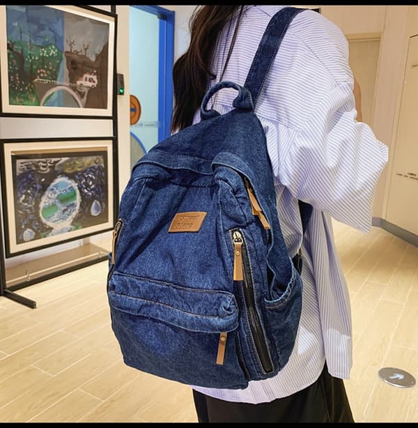 High School Student Backpack with Large Capacity Denim Trendy Matching Backpack for Travel BLUE-1