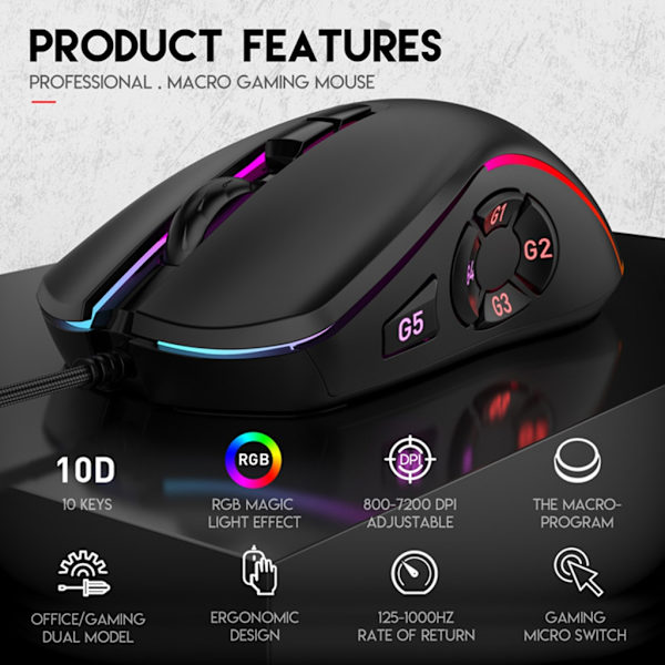 Högprecisions Gamingmus 10 Programmerbara Knappar 6400DPI Ergonomisk Design