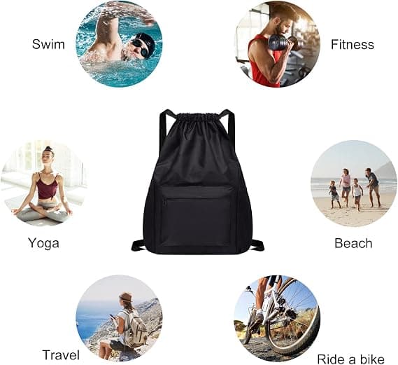 Black Drawstring Backpack, Leisure Backpack, Waterproof Backpack, School Bag, Unisex, Suitable for Camping, Yoga, Workout, Travel, Mountaineering