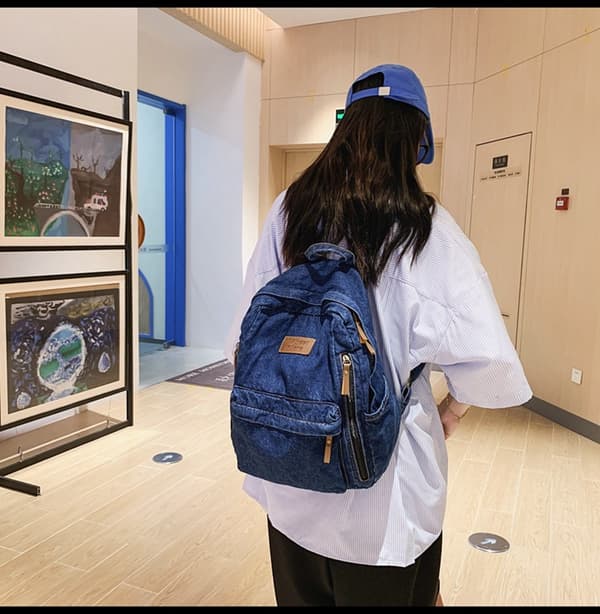 High School Student Backpack with Large Capacity Denim Trendy Matching Backpack for Travel BLUE-1