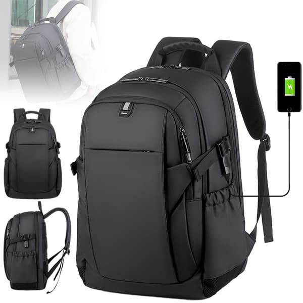 (SC)Smart Business Backpack, Water Resistant, USB Charging Port, Multiple Pockets and Compartments for Laptop and Tablet, Black