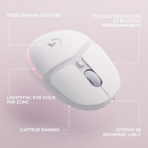 Logitech G - Gaming Mouse - Trådlös - G705 LIGHTSYNC RGB-belysning, Bluetooth, Lättvikt - White Mist Vit 85